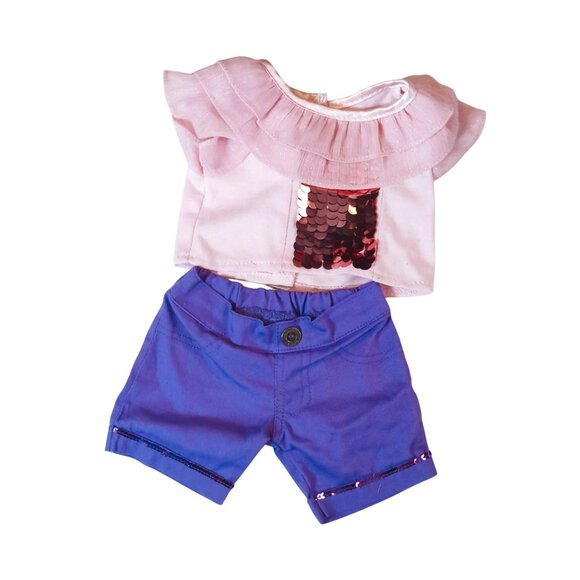 Build-A-Bear Workshop Pink Sequin Blouse with Purple Shorts Set for Plush Dolls - Picture 1 of 4